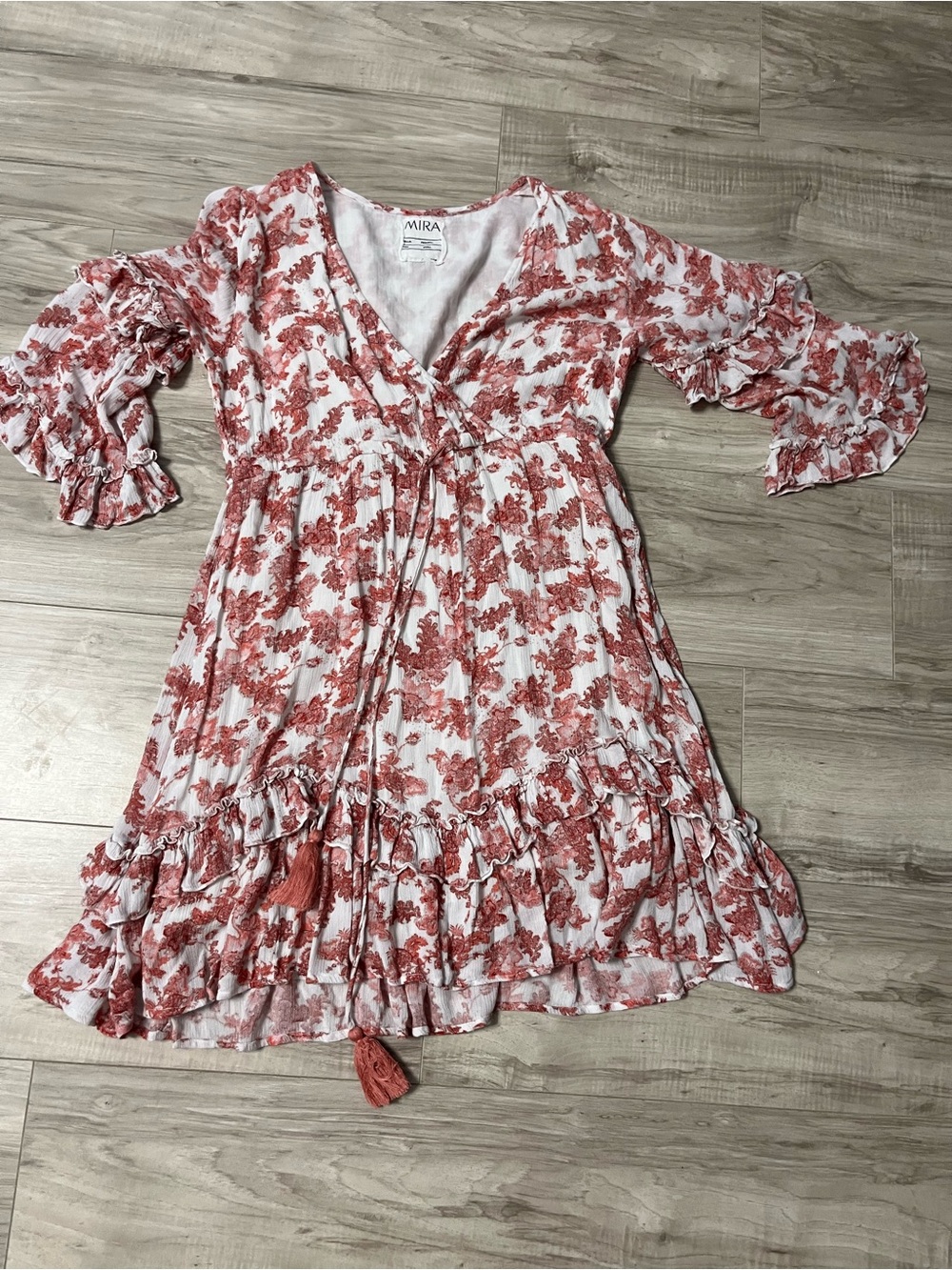 MIRA Floral Tie-Front Ruffle Dress - red/Coral on White